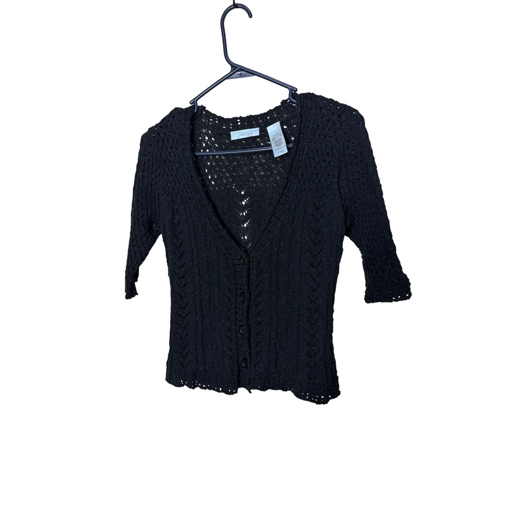 JH Collectibles Petite Black Crochet Knit Cardigan 3/4 Sleeve V-Neck Small P